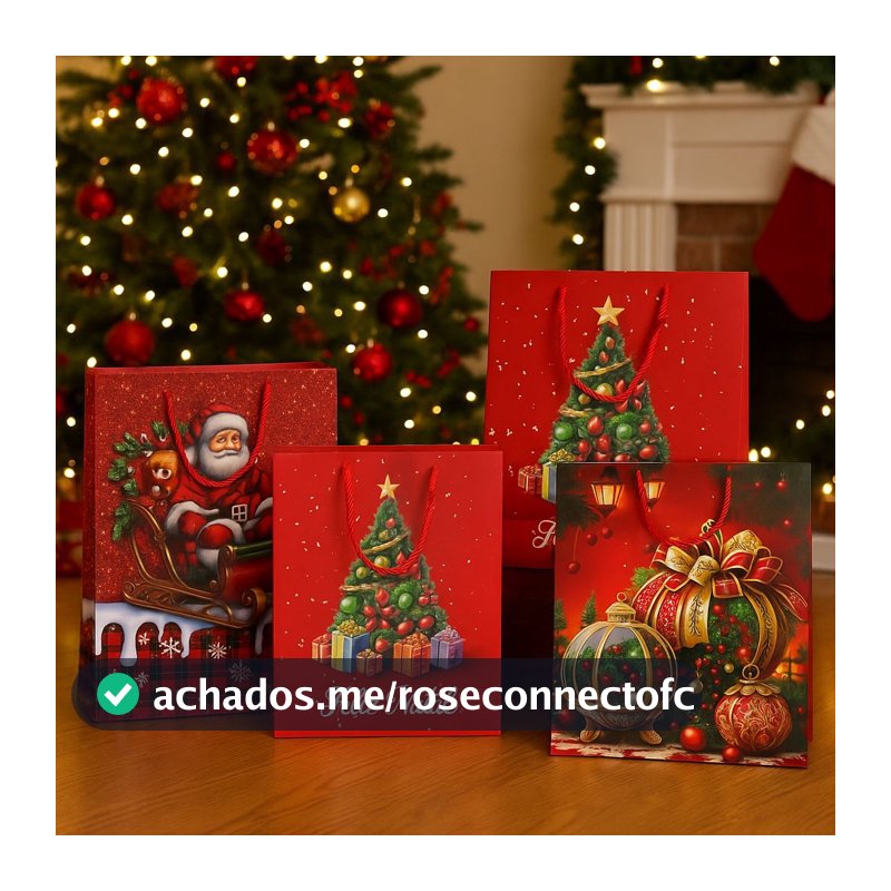 Kit Sacola Para Presente Árvore De Natal Papai Noel 3D
