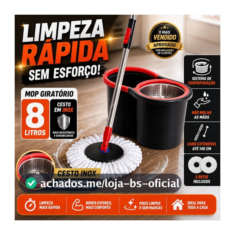 Mop Giratório com Balde Inox + 2 Refis | Cabo Extra Longo 140cm | Limpeza Prática e Rápida - NYBC
