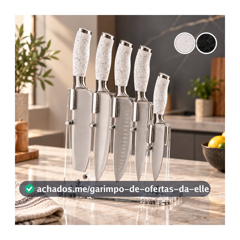 Faqueiro 5 Peças Aço Inox Suporte Acrílico Facas Chef Cutelo Santoku Universal Office