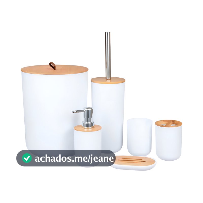 Kit Conjunto Banheiro 6 Peças Lixeira Com Tampa Bambu Plástico Organizador Decoração Lavabo Tippi