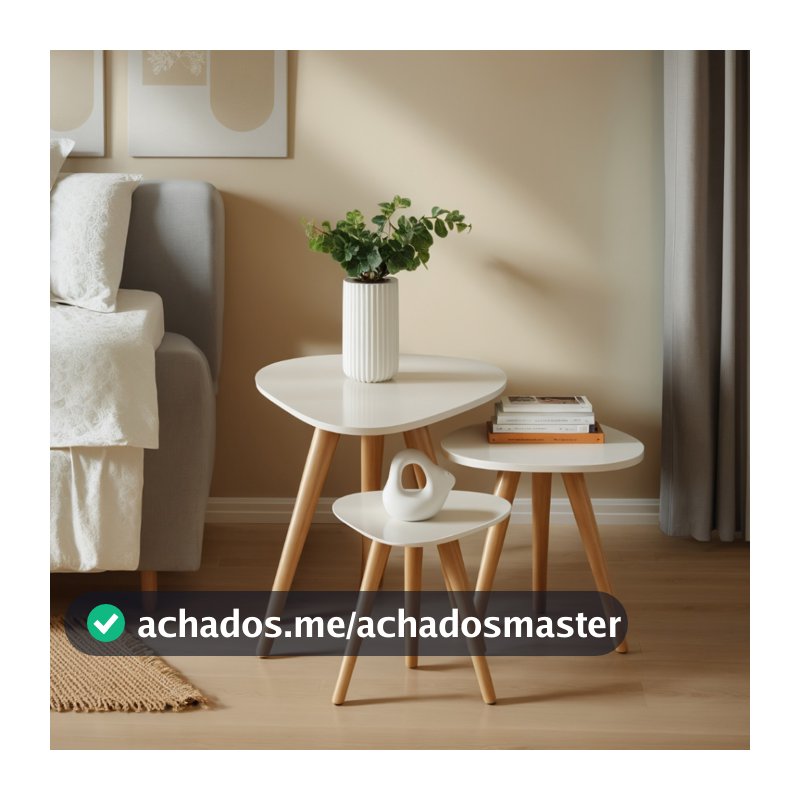 Kit Trio Jogo de Mesinhas Lateral Sala Pé Palito Retro Tampo Orgânico Casa