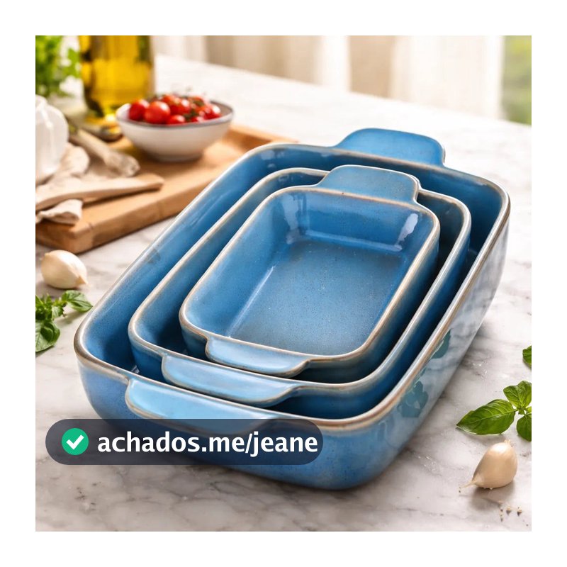 Kit com 3 Travessas de Cerâmica Azul com Alça