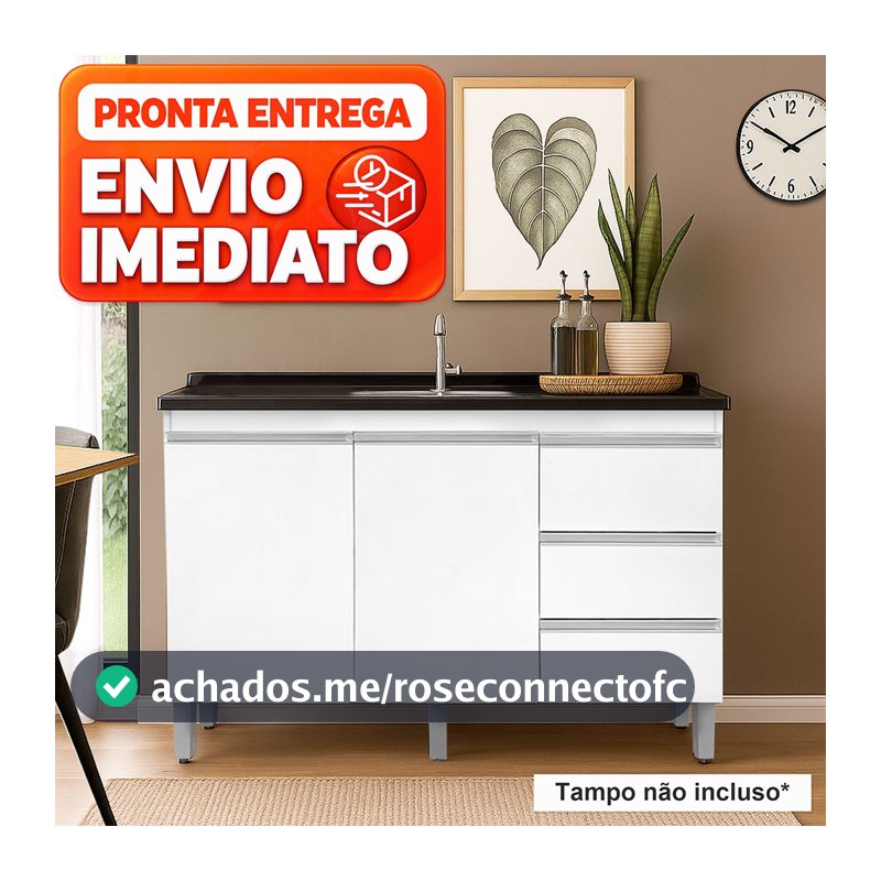 Balcão Para Pia Cozinha 120cm Branco Sem Tampo Gabinete Armário 2 Portas 3 Gavetas