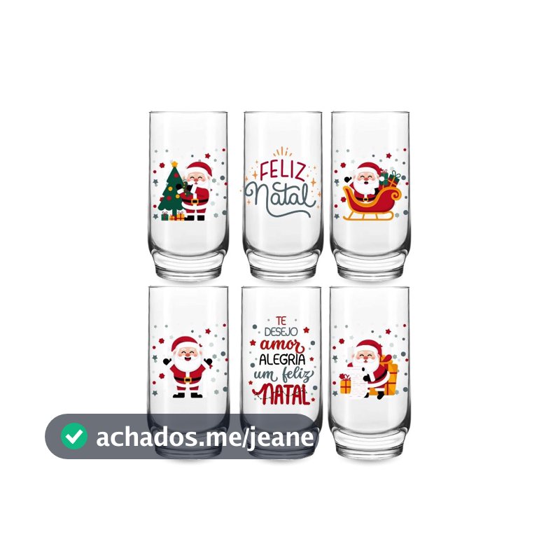 Jogo 6 Copos  Altos 300ml Vidro Especial Frase Feliz Natal Mesa Posta Decorativa Agua Suco