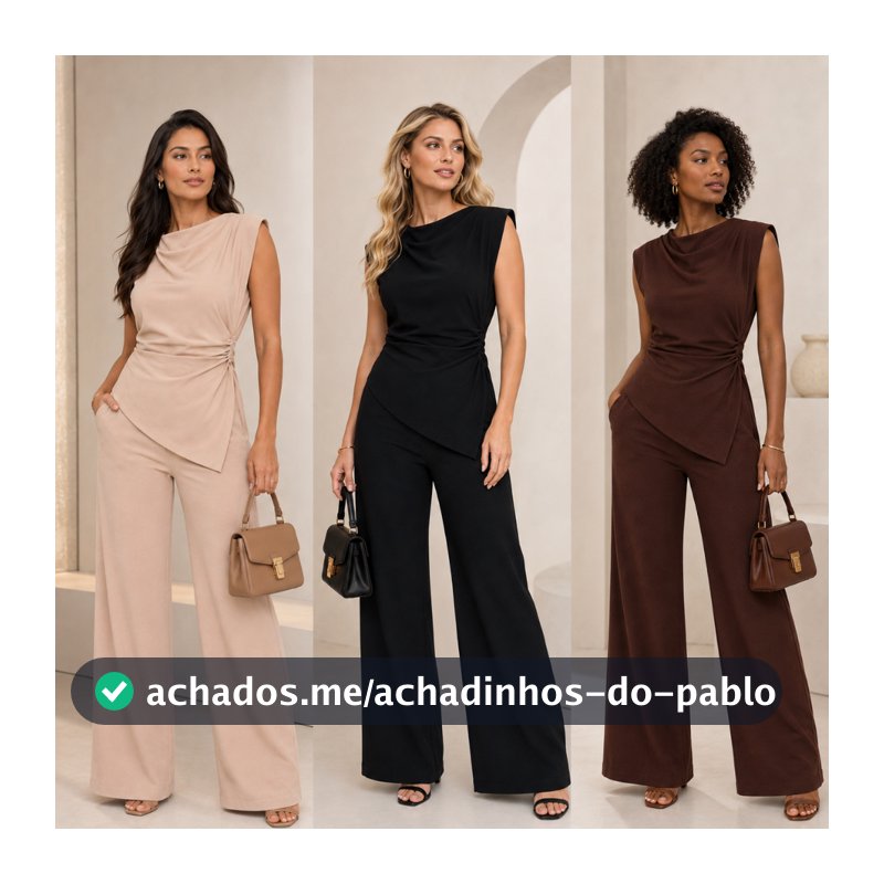 Conjunto Feminino Alfaiataria Assimétrico Blusa Franzida e Calça Panatalona Social Elegante Moda Mulher Verão Promoção