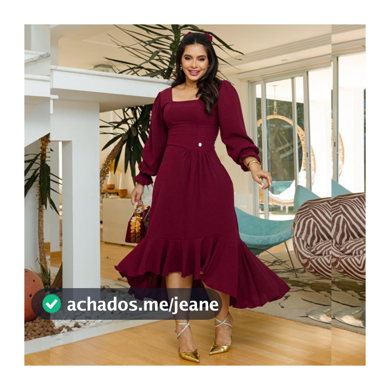 Vestido Feminino Manga Longa Midi Mullet Com Babados Alfaiataria Decote Quadrado Outono Inverno
