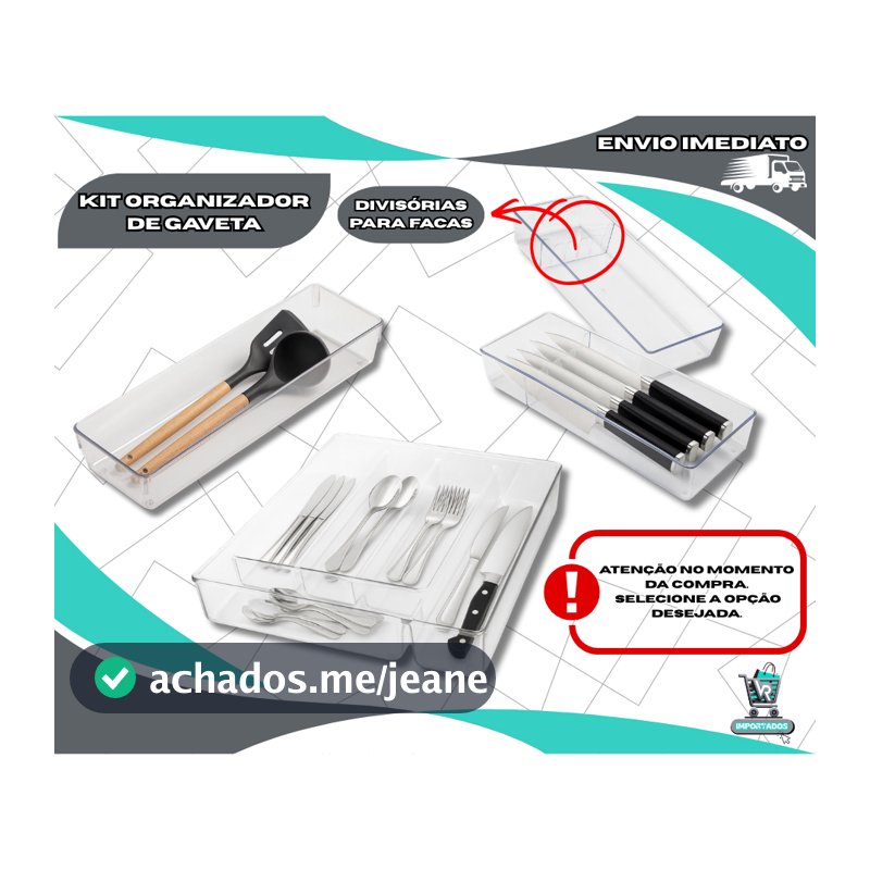 Kit 3 Peças Organizador Gaveta Cozinha Porta Talher Porta Facas Porta Utensílios Acrílico Resistente