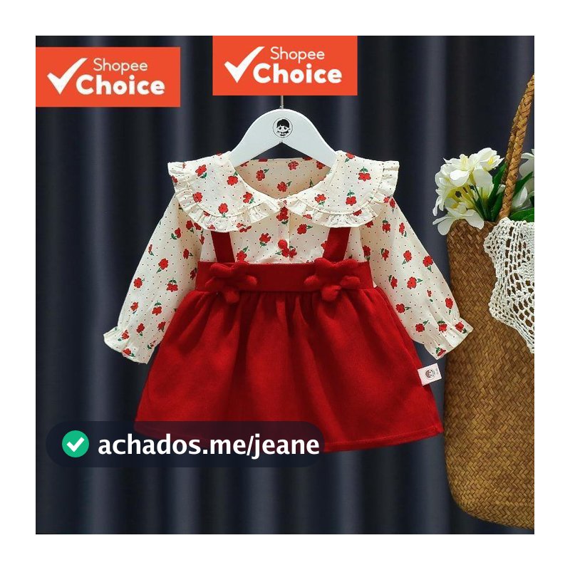 Vestido Floral Vermelho Para Bebê – Roupa Falsa De Manga Comprida De Duas Peças , Roupas Infantis De Primavera E Outono