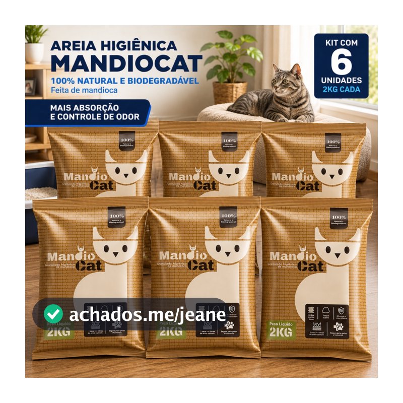 Areia MandioCat Biodegradável 4 à 12 Kg - Mandioca - Grãos Finos - MAIS BARATA Areia de Gato FULL