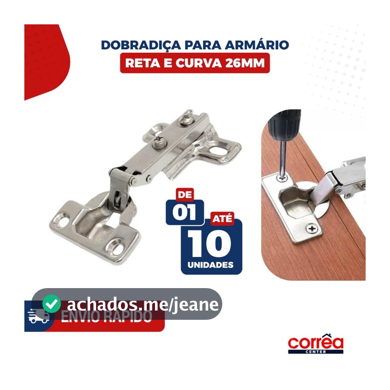 Dobradiça 26mm Reta para Porta de Armário – Cozinha, Banheiro e Móveis – 1 até 10 Unidades