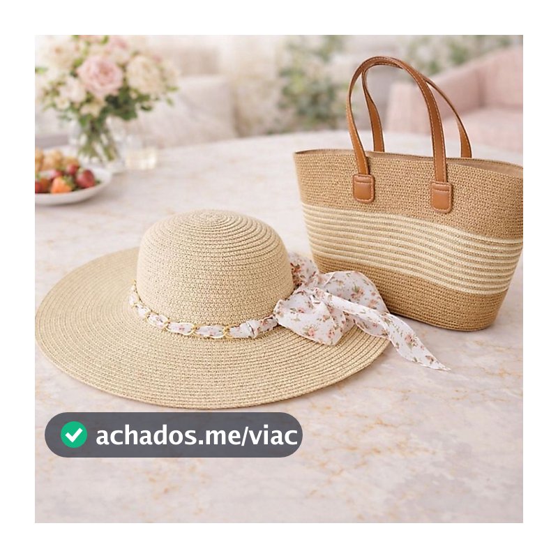 Kit Praia Luxo Praia Resort Bolsa de Palha Listrada e Chapéu com Laço Floral Tendência Verão 2026