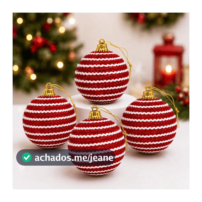 Kit 4 Bolas De Natal 8cm Com Glitter Vermelha P/ Árvore