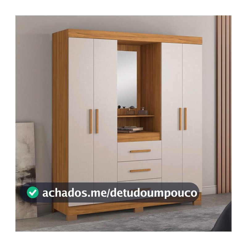 Guarda-Roupa Huntano Moderno com 4 Portas 3 Gavetas com Espelhos Freijó com Off White - MoveisAqui