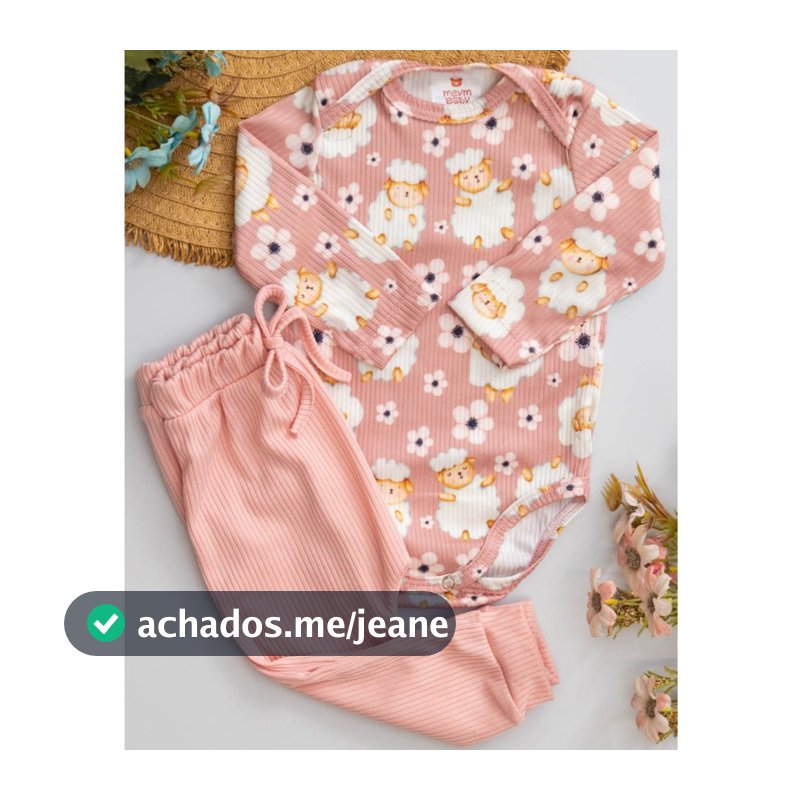Conjunto Bebê Body Canelado Infantil Ovelha Rosa e Calça Saruel Rosa Menina