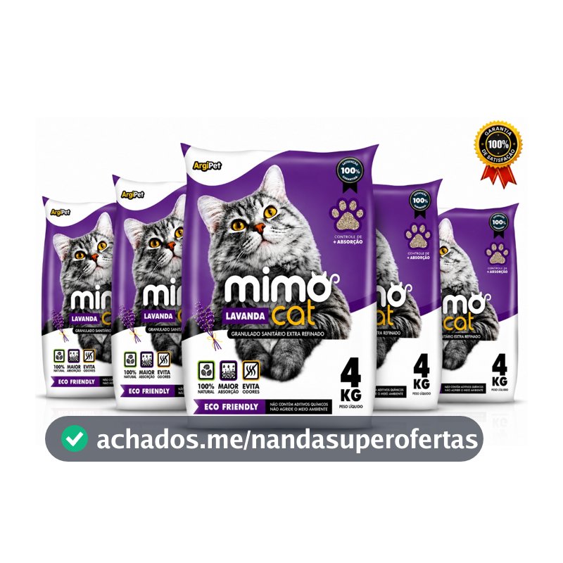 KIT 5 Areias de Gato Sanitária Higiênica 20KG Natural Super Absorvente Ecologica Biodegradável Anti-Odor Mimocat Lavanda