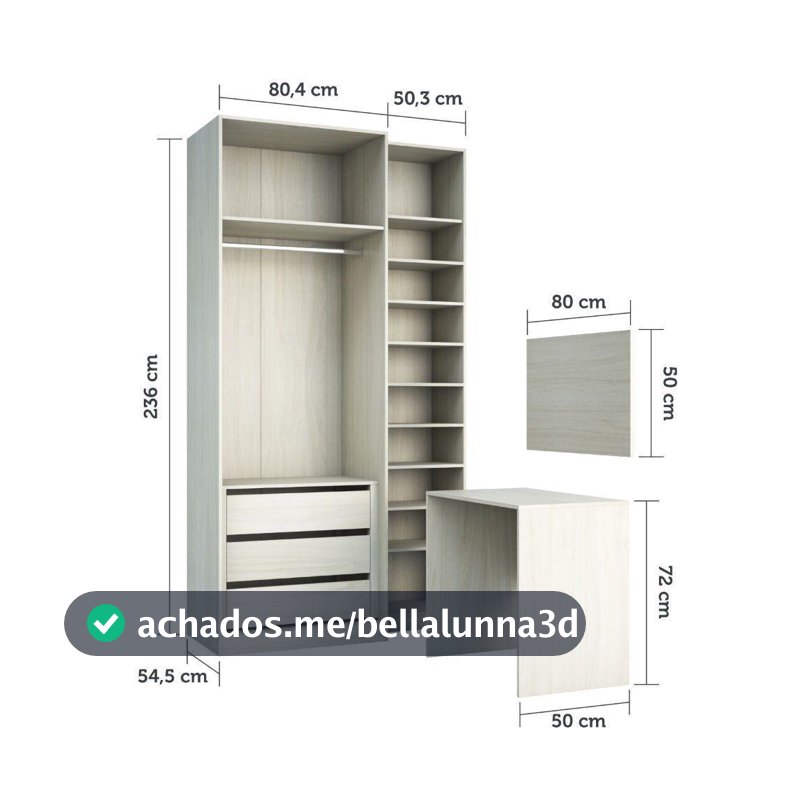 Kit Guarda Roupa Closet Guarda Roupa Closet 3 Peças Luciane 3 Gavetas Crema 7 Decor