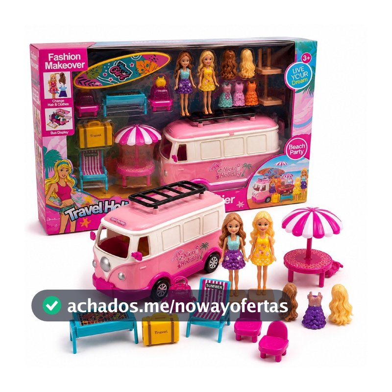 Boneca com Acessórios Kombi 25 Peças Troca Roupa Cabelo Casinha Infantil Completa Presente