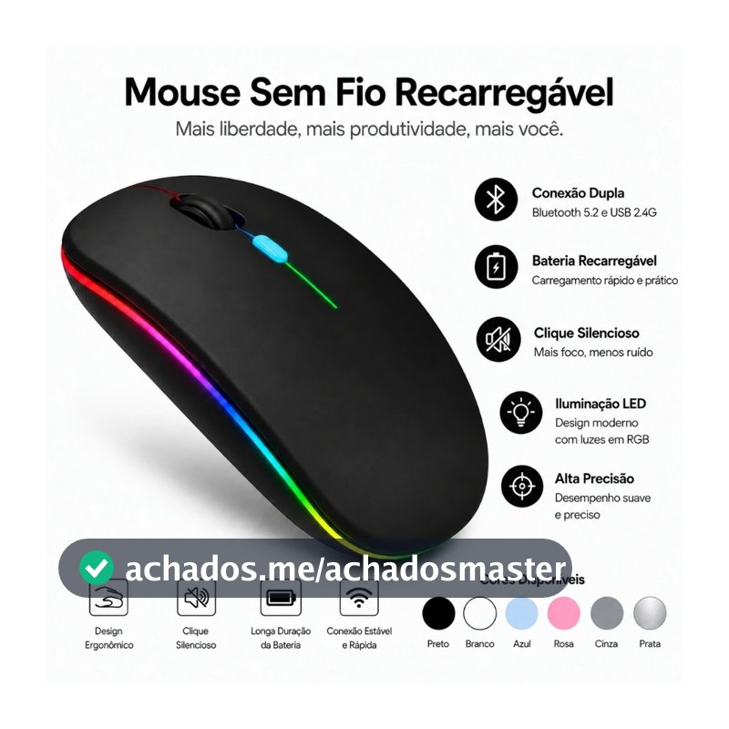 Mouse Sem Fio Recarregável Wireless LED RGB Silencioso Ergonômico PC Notebook Tablet Celular