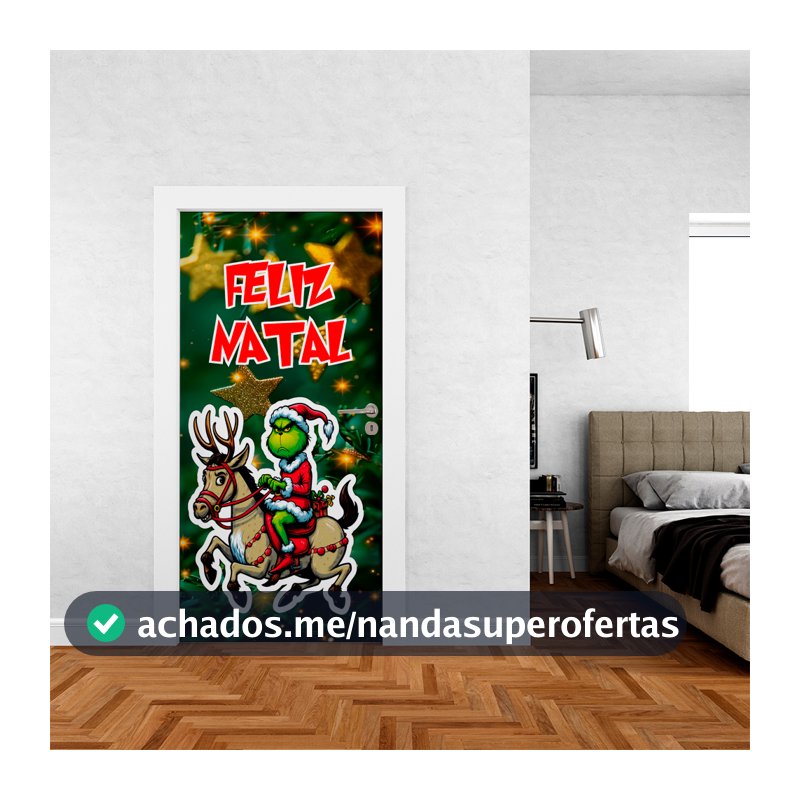 Capa De Porta Decoração Em Tecido Tema Feliz Natal Grinch Rena Fred 0,85x2,10m Veste Fácil