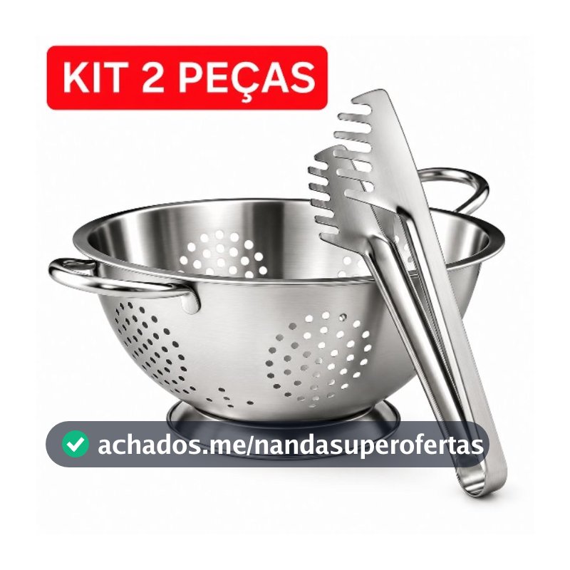 Escorredor de Macarrão Massas Multiuso + Pegador de Massas Inox Utensílios Cozinha KIT 2 Peças