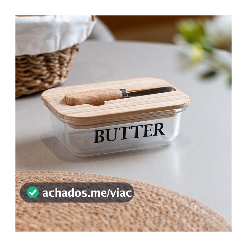 Manteigueira de Vidro com Tampa de Bambu e Espátula Wolff Basic 15cm Porta Manteiga Mesa Posta Café da Manhã Cozinha Pão