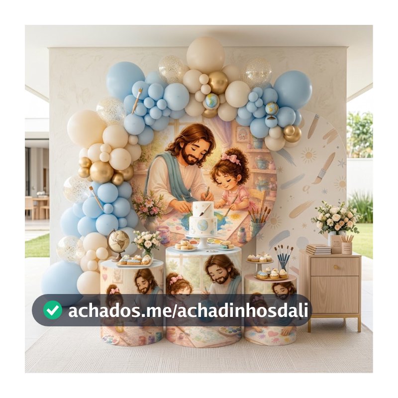 Capa Painel Redondo Trio Cilindro Jesus e Criança Decoração Festa Infantil Cristã Veste Fácil Oferta
