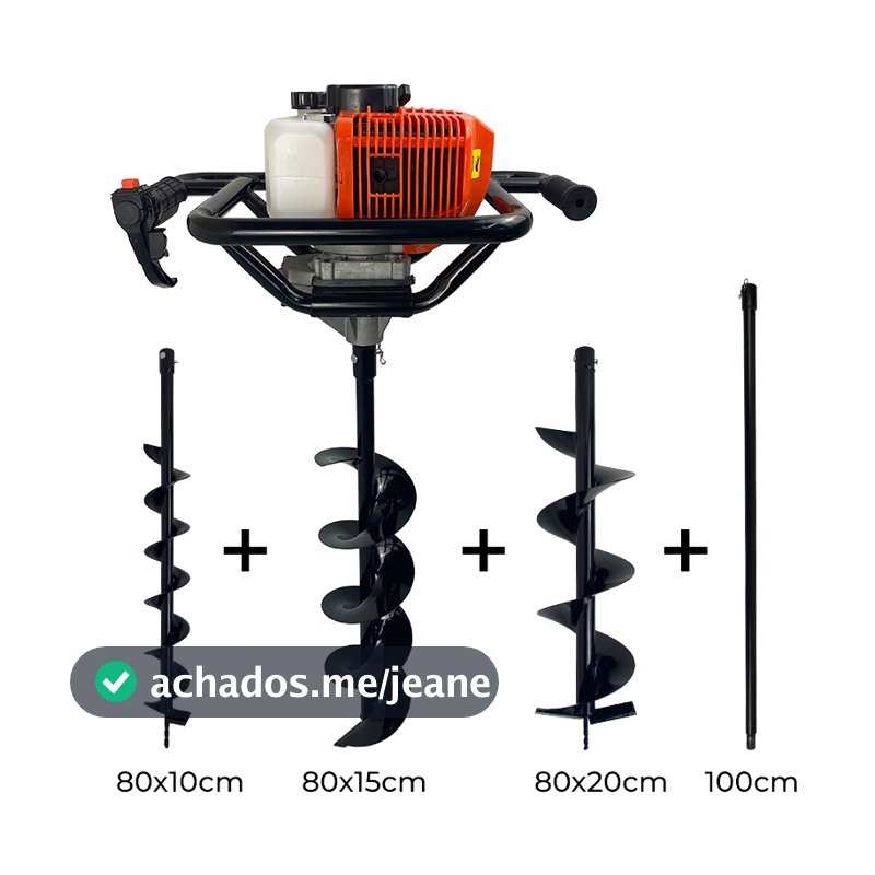 Perfurador de Solo a Gasolina 52cc 2,5HP Profissional com Brocas e Extensor Carbon Fak