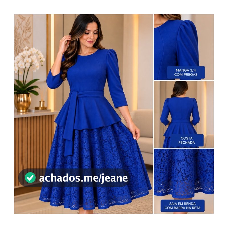 VESTIDO FEMENINO SOCIAL MIDI RODADO MANGA3/4 CREPE DE MALHA RENDA MODA EVANGELICA CASUAL FESTA PLUS