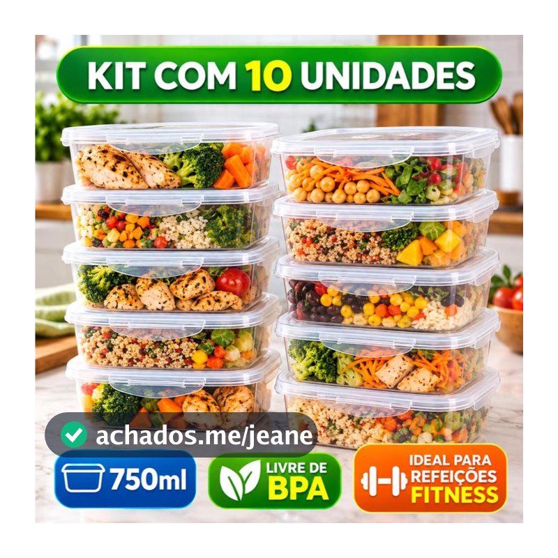 Kit 10 Marmitas Potes 750ml Travas Laterais Hermeticas Livres de BPA Alimentos Organiza Congelador