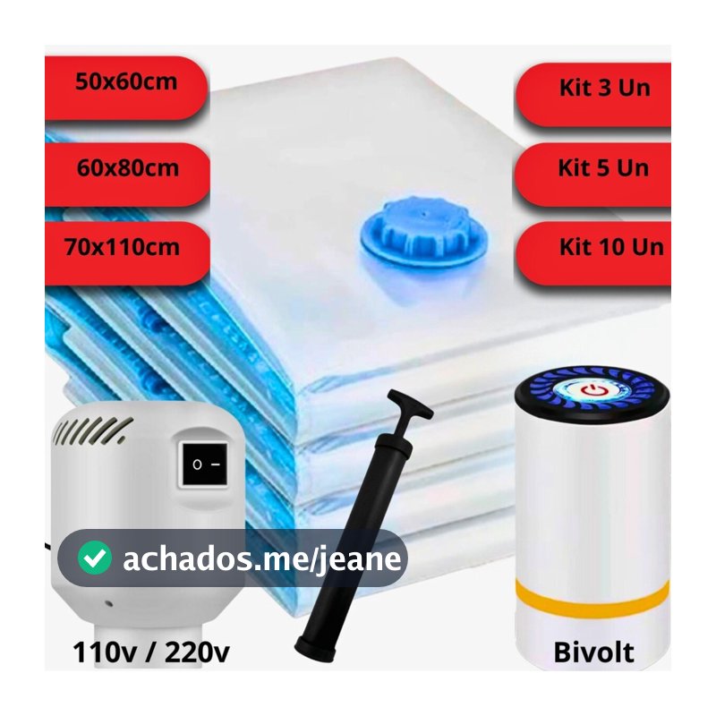 Kit 3/5/10 Saco a Vácuo + Bomba Elétrica ou Manual ou Recarregável Usb Organização Roupas Mala Viagem