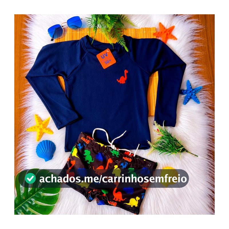 Conjunto Praia Infantil UV50+ Blusa Proteção Térmica Mais  Sunga Menino Roupa de Banho 1 a 10 anos