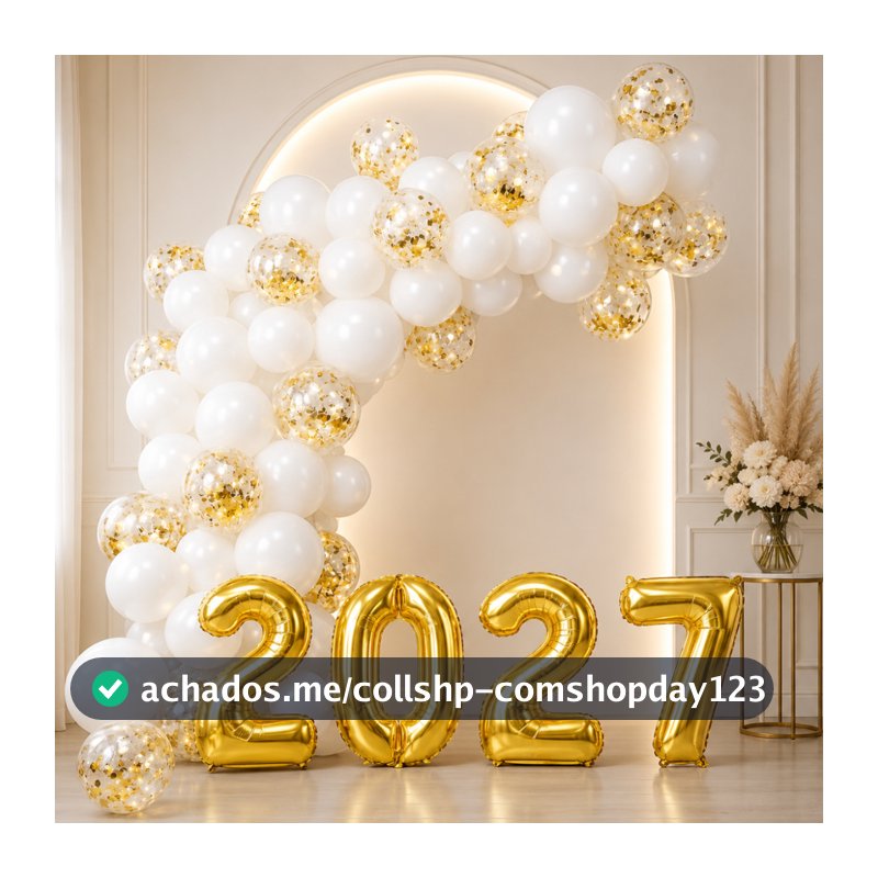 Kit Balão Bexiga Ano Novo 2027 + Numero Metalizado + Branco + Cristal Decoração