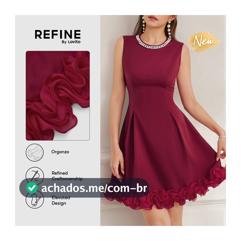 (New Arrival) (Refine by Lovito) Vestido Formal Vermelho Feminino Babados pérolas Color Block até O Joelho Natal DRR44P1D005
