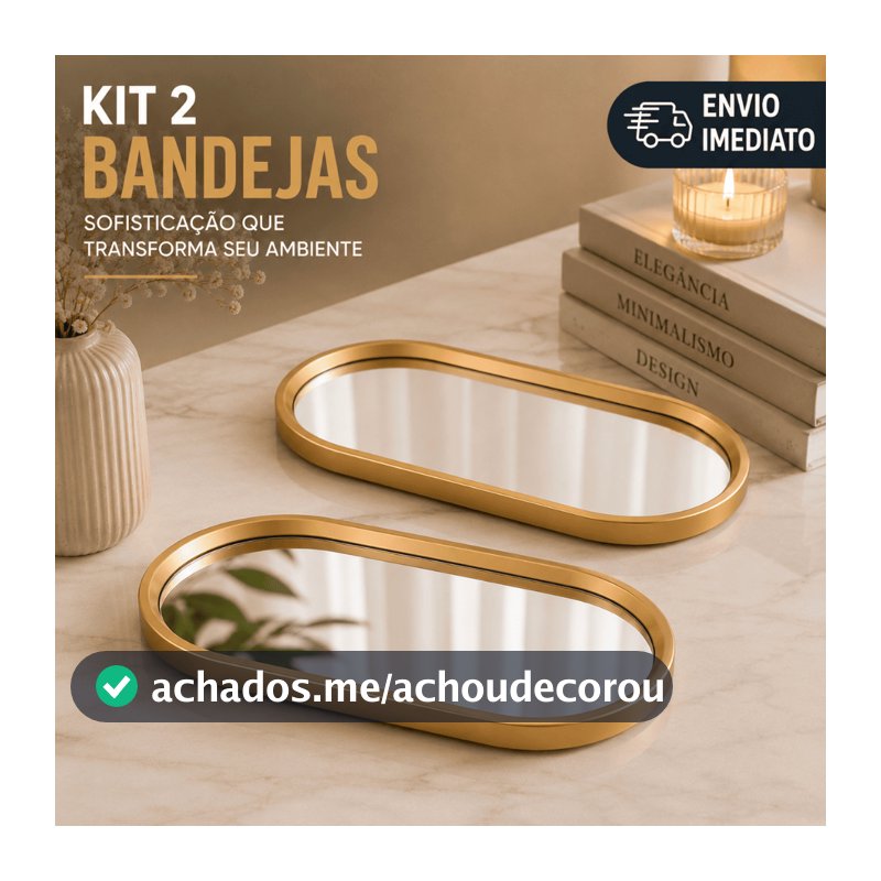 Kit 2 Bandejas Decorativas Douradas Espelhadas para Banheiro Lavabo Penteadeira Porta Joias Perfumes