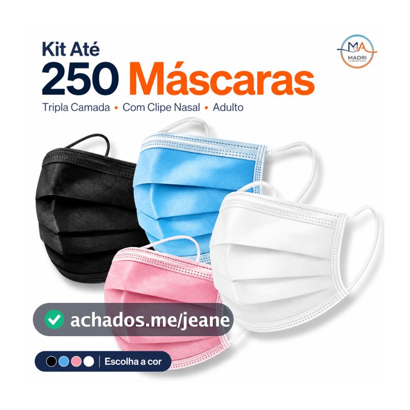 Kit Até 250 Máscara Tripla Camada Com Clipe Nasal Adulto Rosa, Branca, Azul ou Preta