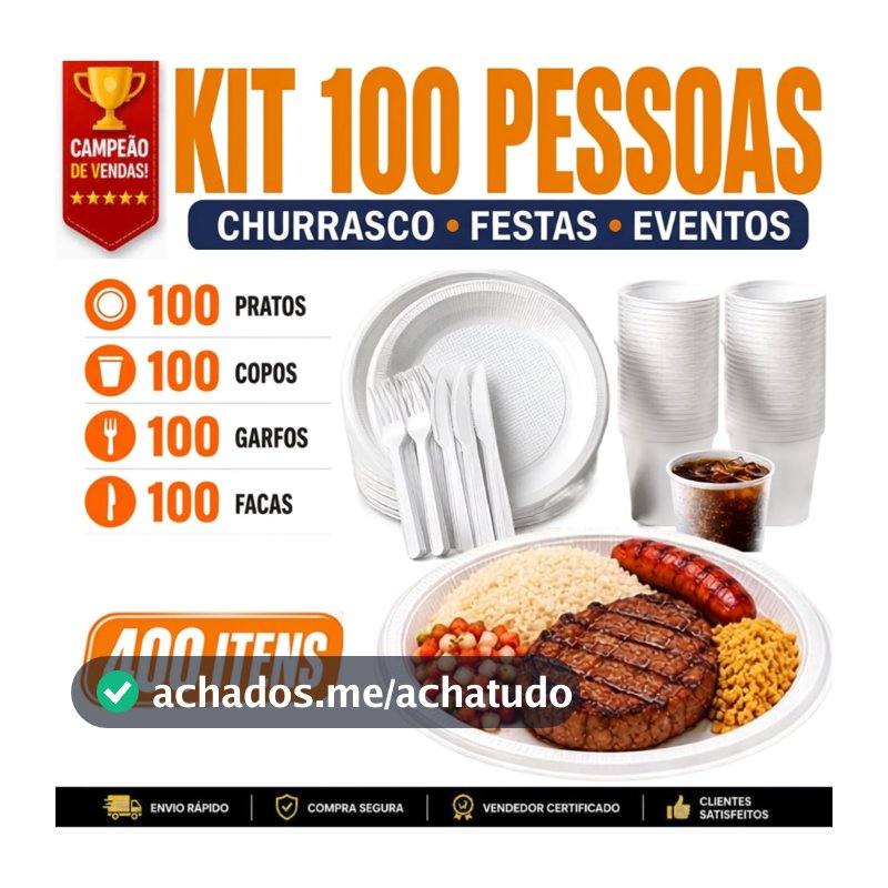 Kit Churrasco/Festa Descartável 100x Prato de Isopor + 100x Garfo + 100x Faca + 100x Copo de 300ml