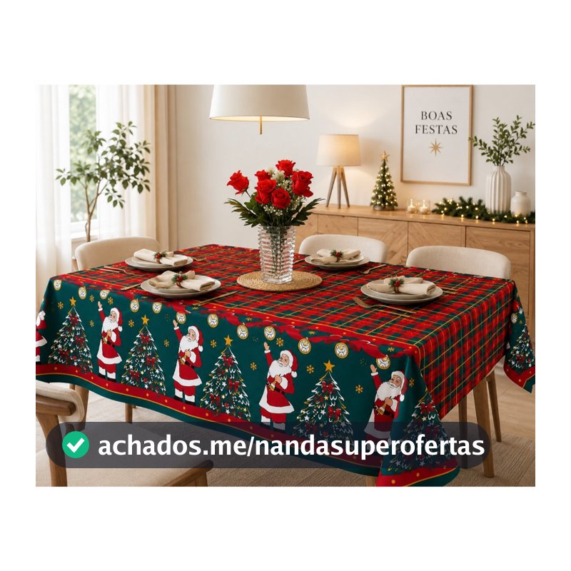 Toalha de Mesa Natalina 4, 6 e 8 Lugares Oxford Natal Estampada Papai Noel Vermelho Verde