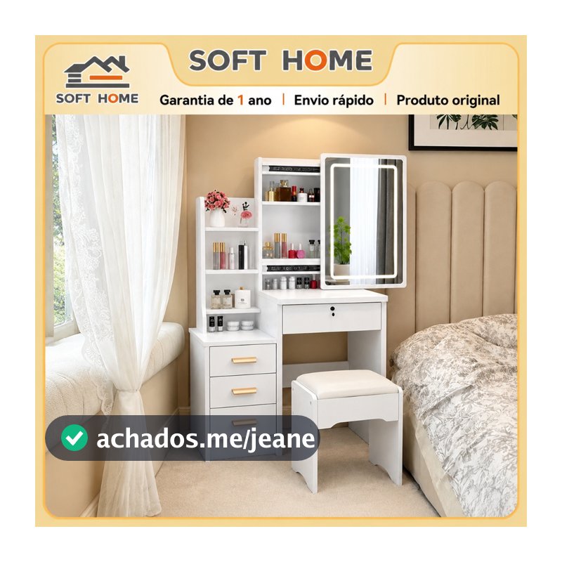 SOFTHOME Mesa De Cabeceira Com Espelho E Guarda-Roupa Muitos Compartimentos , Iluminação LED Opcional , Para Quarto