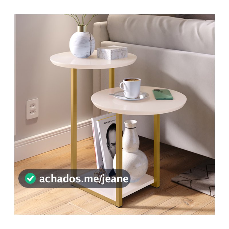 Mesa Apoio Lateral Sala DECORAÇÃO com 2 Tampos Pés de Ferro Industrial - MV
