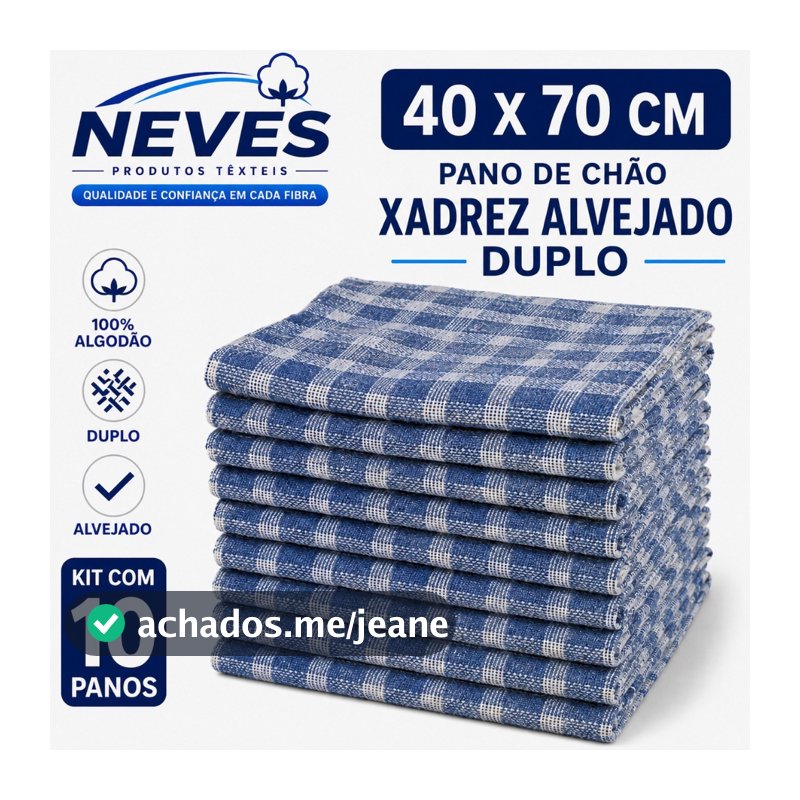 Kit com 10 Panos de Chão Grande 70x40cm - Saco Duplo Xadrez Azul Alvejado  - Neves - Revenda - EV