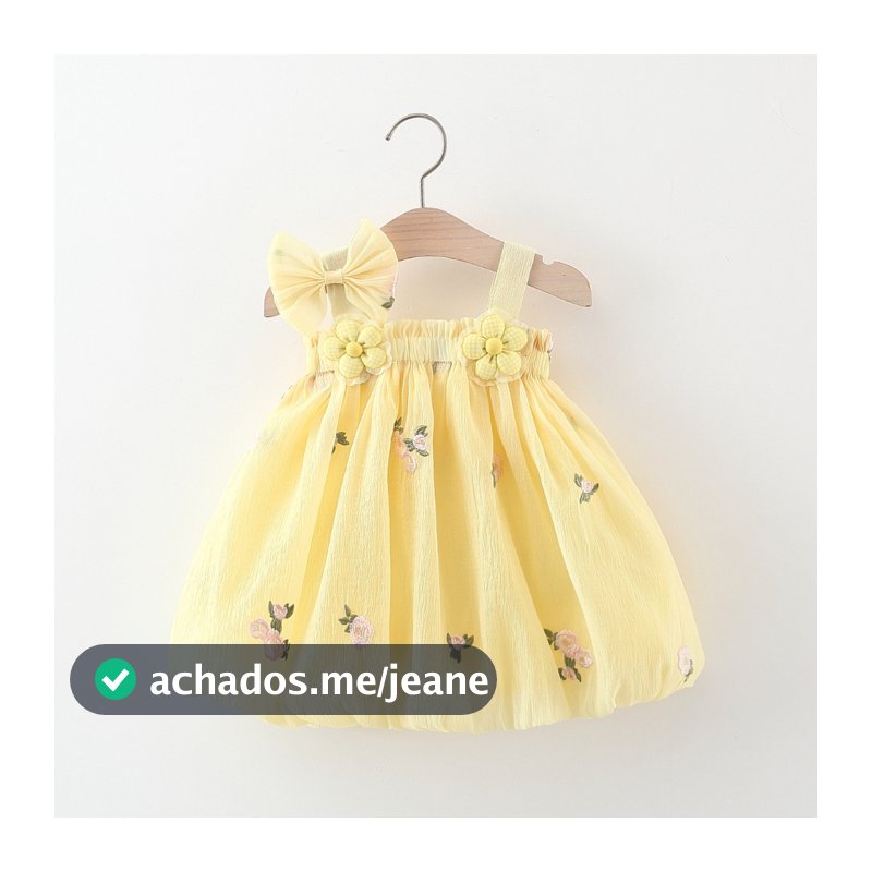 Vestido De Verão Para Menina Chiffon Floral Bordado Amarelo Coreano Estilo Kids