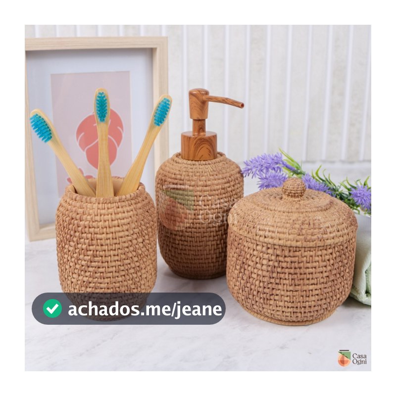 Kit Banheiro Lavabo Poliresina Porta Sabonete Líquido 320ml Porta Escovas e Objetos Marrom
