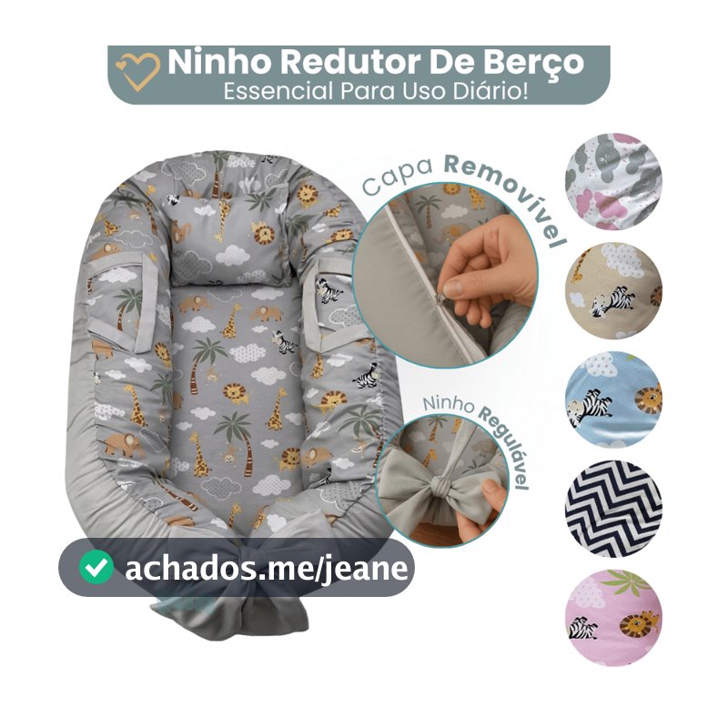 Ninho Redutor de Berço Para Bebe Recem Nascido com Ziper e Travesseiro Nuvens Safari Menino Menina