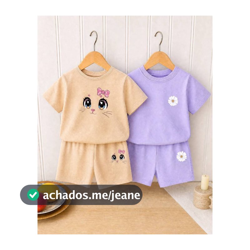 Kit Infantil 4 peças menina  short e camiseta bege gatinha lilás florzinha