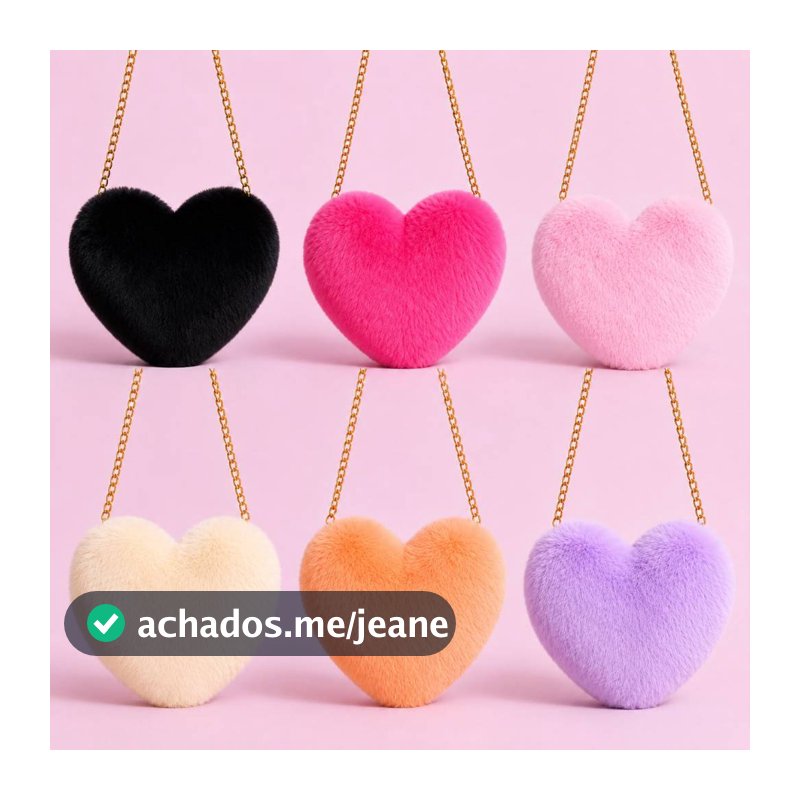 Bolsa Infantil Pelúcia Coração Blogueira Menina Criança Estilosa Corrente Transversal com Zíper