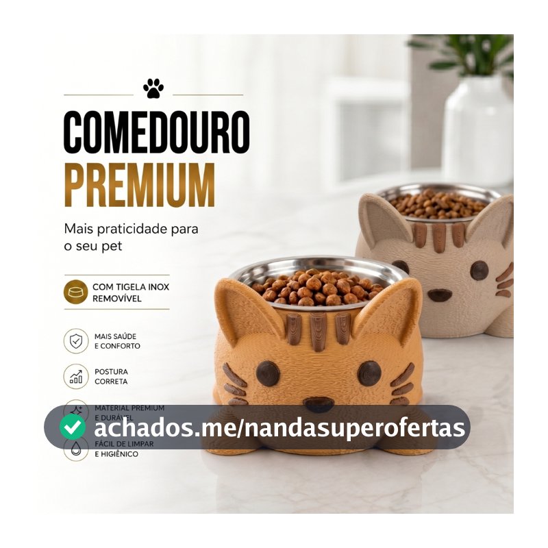 Comedouro para Gatos e Cachorros Pequenos com Tigela Inox Removível Anti Refluxo Design Gatinho Acabamento Premium