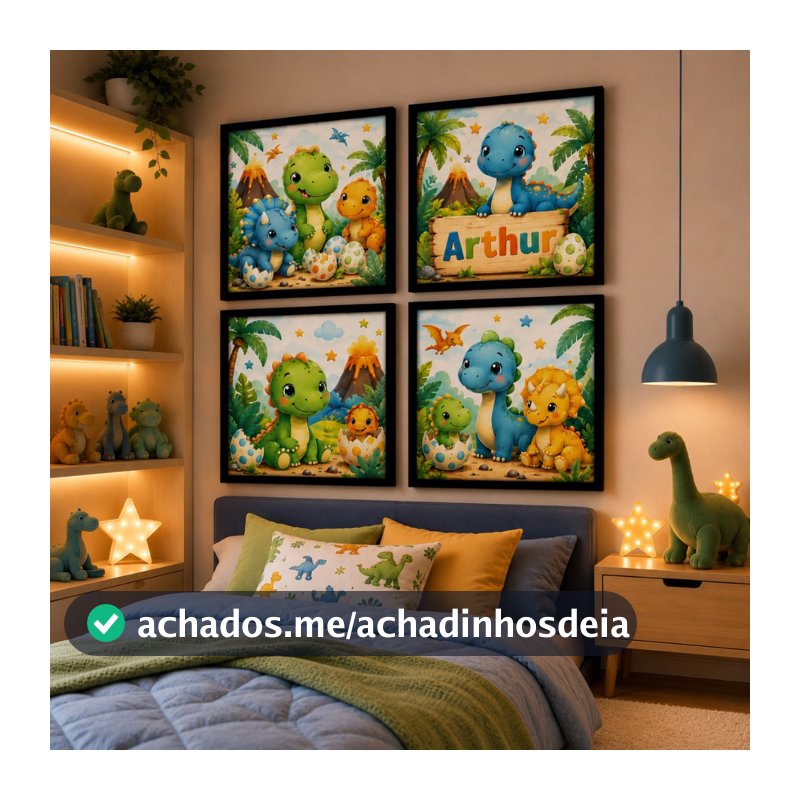 Kit 4 Quadros Decorativos Personalizados Dinossauro Baby Nome para Quarto Infantil