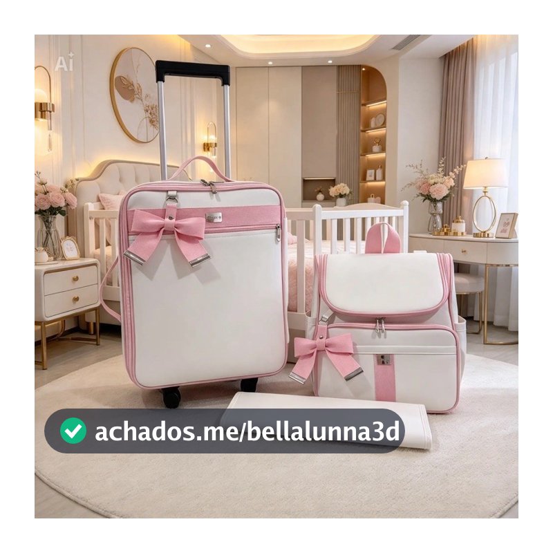 Kit de maternida Mala Rodinha, Mochila e trocador branco com faixa rosa bebê