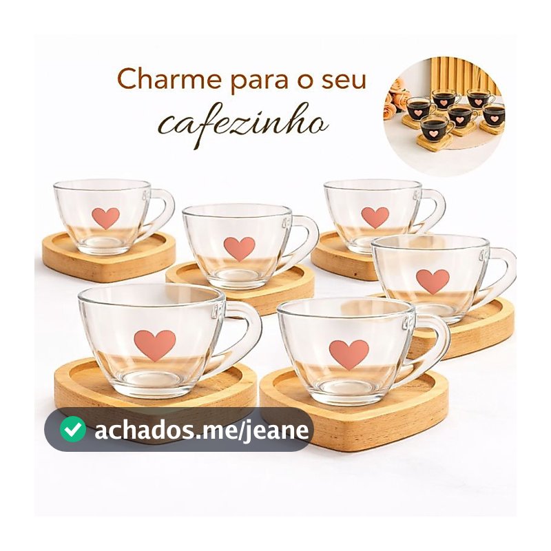 Jogo de Xícaras de Café com Pires de Madeira Coração Cantinho do Café Kit Presente Feminino