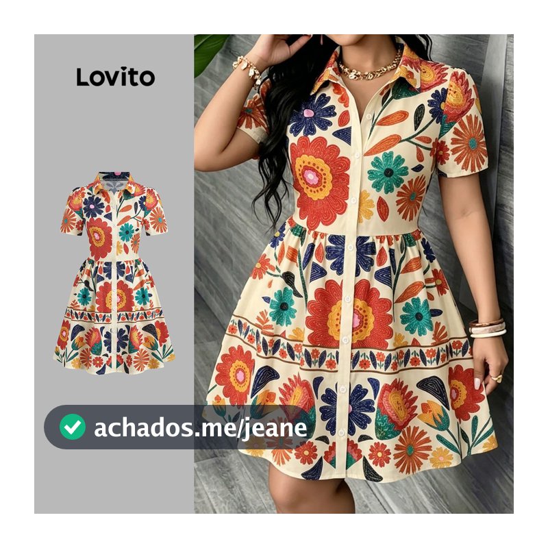 Lovito Vestido Casual Feminino com Botão Frontal Estampado Primavera/Verão LK7AD081